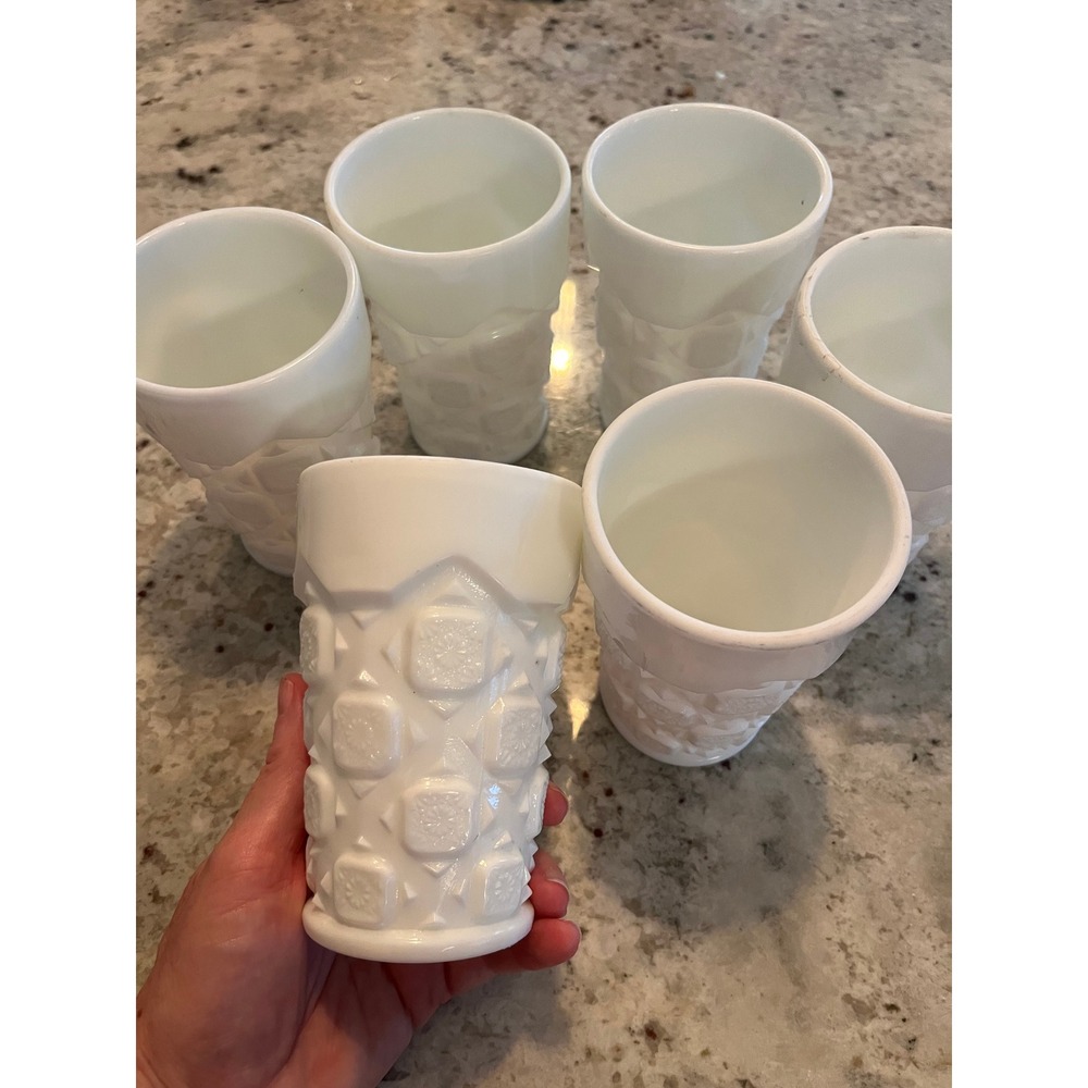 Vintage Milk Glass Tumblers Set of 6 White Waffle Pattern Starburst Base Juice